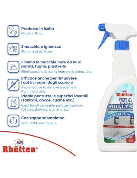rhutten via muffa - spray maxi formato 750ml - antimuffa igienizzante: tuttocasashop.live: pulizia e cura della casa