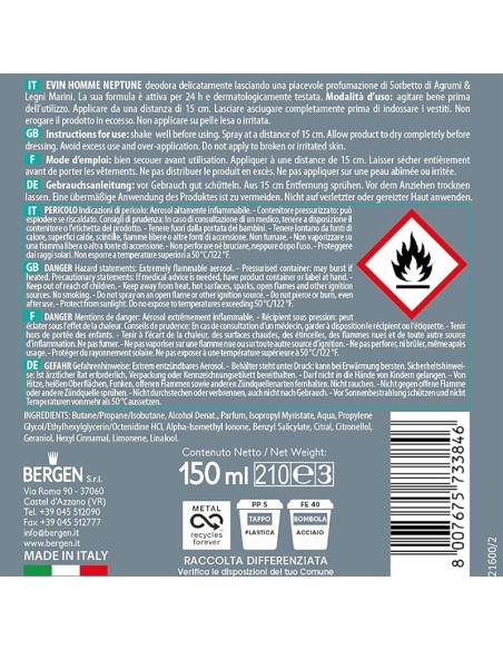 evin deodorante spray uomo 150ml - neptune sorbetto di agrumi e legni marini: tuttocasashop.live: igiene e cura della persona