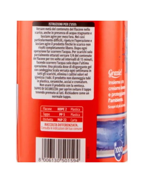 scala disgorgante in gel per tubature 1000ml - con candeggina: tuttocasashop.live: pulizia e cura della casa