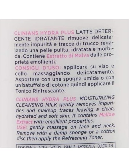 clinians hydra plus latte detergente 200ml - pelli secche sensibili - malva: tuttocasashop.live: igiene e cura della persona