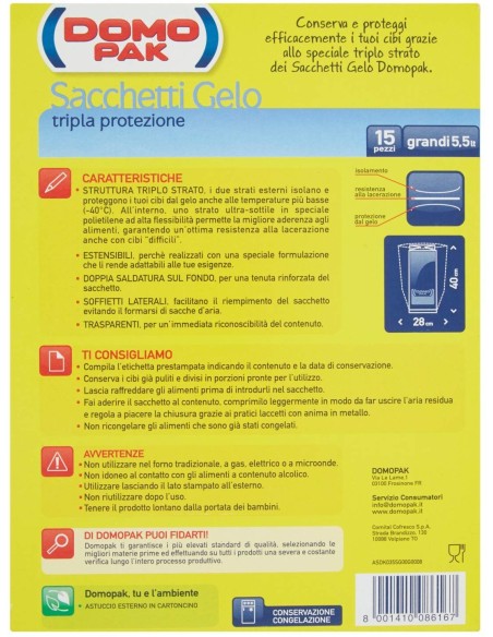 domopak 15 sacchi gelo grandi - 28x40cm - per frigo o congelatore: tuttocasashop.live: carta & monouso