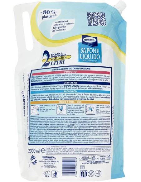 mil mil sapone liquido - ecoricarica - 2 litri - classico: tuttocasashop.live: igiene e cura della persona