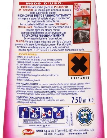 pulirapid detergente anticalcare liquido - 750ml - aceto: tuttocasashop.live: pulizia e cura della casa