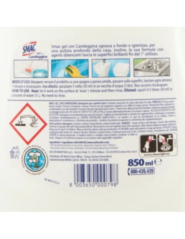 smac gel con candeggina 850ml - formula igienizzante - ultrabianco brillante: tuttocasashop.live: pulizia e cura della casa