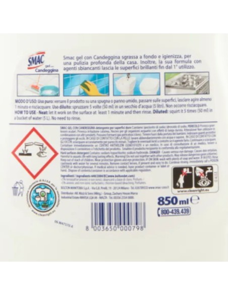 smac gel con candeggina 850ml - formula igienizzante - ultrabianco brillante: tuttocasashop.live: pulizia e cura della casa