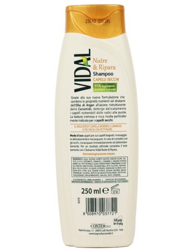 vidal shampoo 250ml - nutre & ripara capelli secchi olio di argan e ceramidi: tuttocasashop.live: igiene e cura della persona