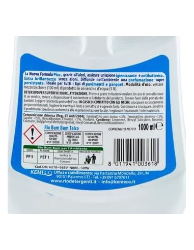 rio bumbum plus+ detergente pavimenti - 1 litro - talco: tuttocasashop.live: pulizia e cura della casa