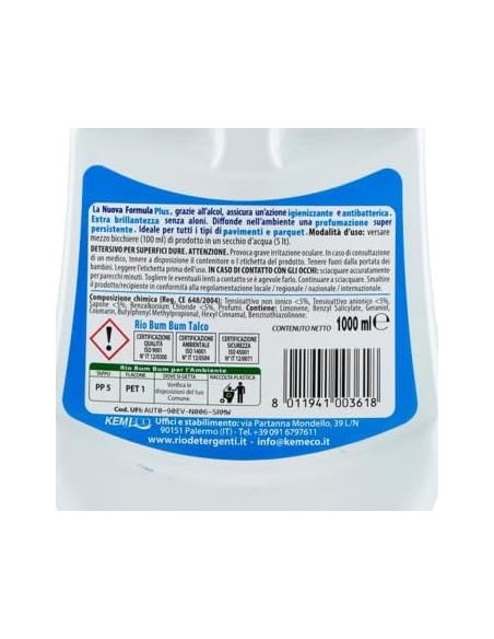 rio bumbum plus+ detergente pavimenti - 1 litro - talco: tuttocasashop.live: pulizia e cura della casa