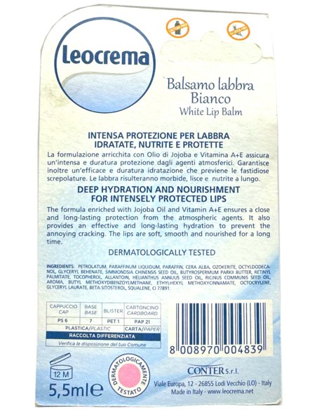 leocrema stick labbra 5.5ml - bianco - senza glutine lattosio parabeni: tuttocasashop.live: igiene e cura della persona