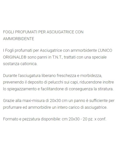 l'unico 20 fogli profumati per asciugatrice con ammorbidente - classico: tuttocasashop.live: prodotti per bucato e tessuti
