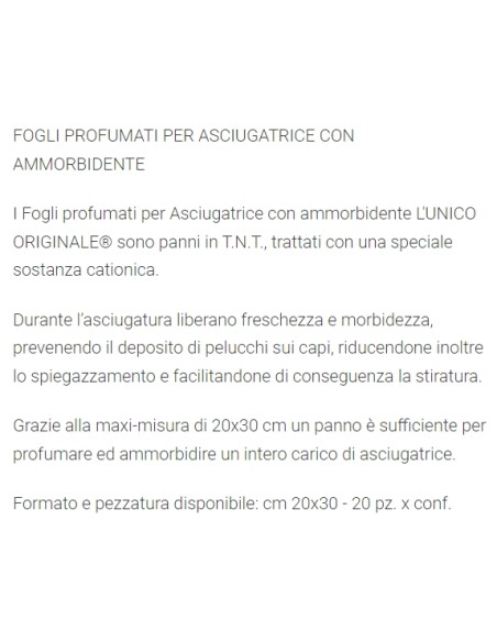 l'unico 20 fogli profumati per asciugatrice con ammorbidente - classico: tuttocasashop.live: prodotti per bucato e tessuti