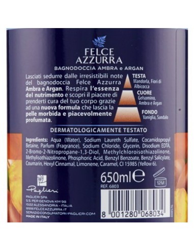 felce azzurra bagnoschiuma 650ml - ambra & argan - essenza di nutrimento: tuttocasashop.live: igiene e cura della persona