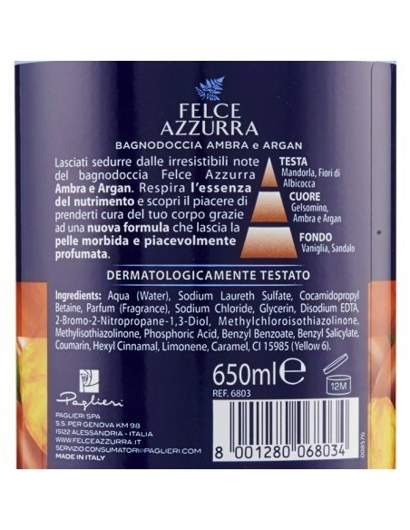 felce azzurra bagnoschiuma 650ml - ambra & argan - essenza di nutrimento: tuttocasashop.live: igiene e cura della persona
