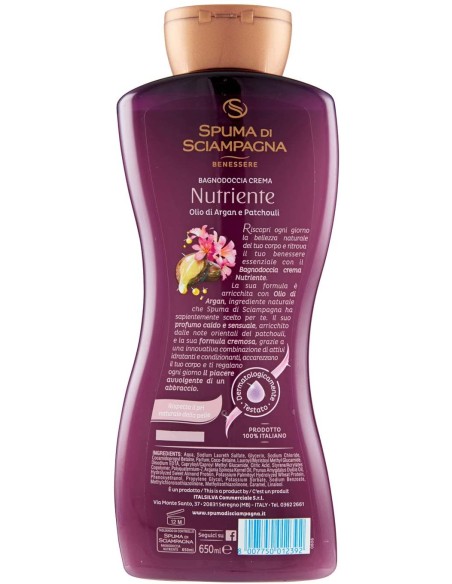 spuma di sciampagna bagnodoccia crema - 650ml - olio di argan e patchouli: tuttocasashop.live: igiene e cura della persona