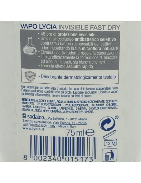lycia deodorante vapo no-gas 75ml - invisible dry - non macchia: tuttocasashop.live: igiene e cura della persona
