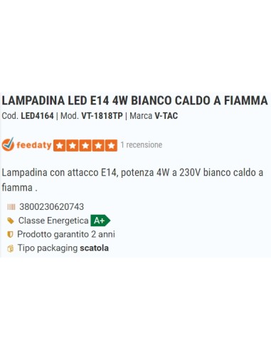 v-tac lampadina a led - fiamma - e14 4w 2700k - luce calda: tuttocasashop.live: altro - bazar