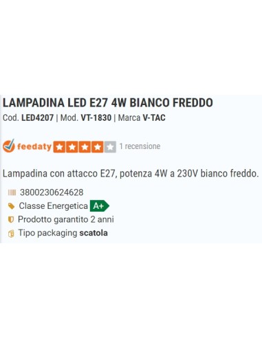 v-tac lampadina a led - sfera - e27 4w 6400k - luce fredda: tuttocasashop.live: altro - bazar