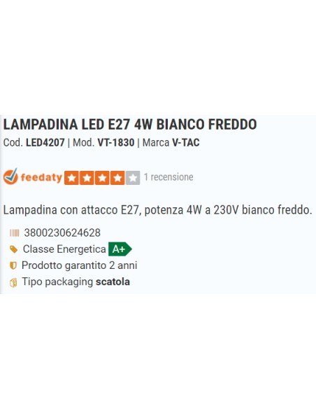 v-tac lampadina a led - sfera - e27 4w 6400k - luce fredda: tuttocasashop.live: altro - bazar
