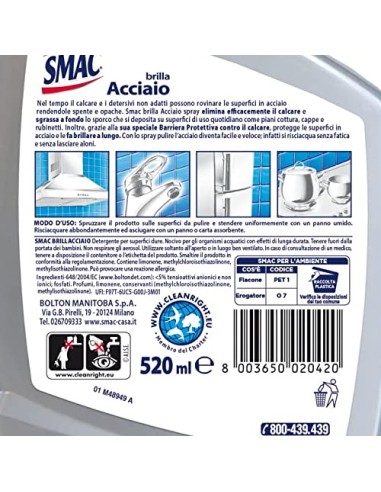 smac brillacciaio 520ml spray - detergente per superfici in acciaio: tuttocasashop.live: pulizia e cura della casa