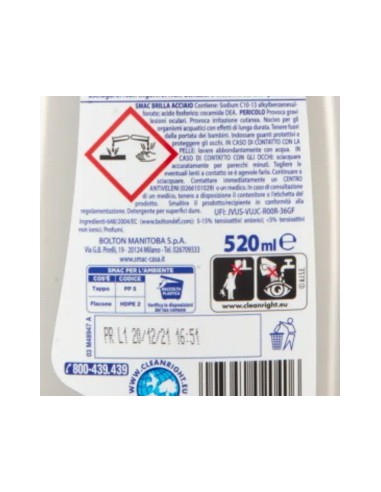 smac brillacciaio 520ml crema - detergente per superfici in acciaio: tuttocasashop.live: pulizia e cura della casa