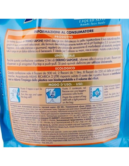 mil mil sapone liquido - ecoricarica - 2 litri - dermo: tuttocasashop.live: igiene e cura della persona