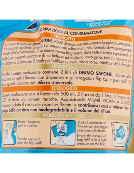 mil mil sapone liquido - ecoricarica - 2 litri - dermo: tuttocasashop.live: igiene e cura della persona