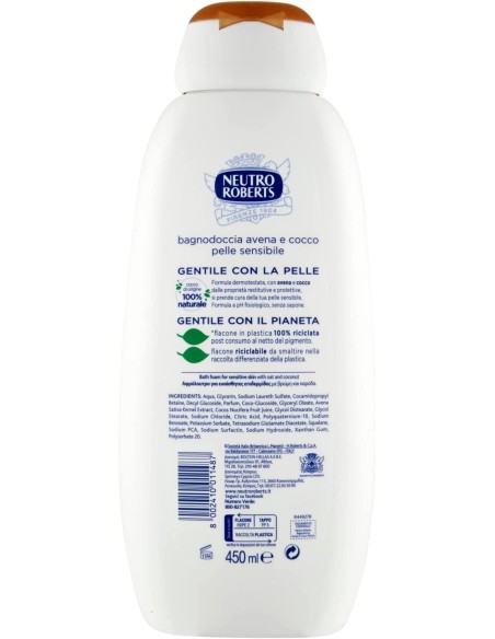 neutro roberts bagnodoccia - 450ml - pelle sensibile con avena e cocco: tuttocasashop.live: igiene e cura della persona
