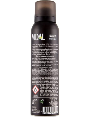 vidal deodorante spray - 150ml - for men invisible 48h 0% alcool no macchie: tuttocasashop.live: igiene e cura della persona