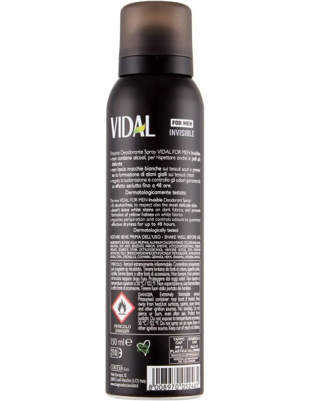 vidal deodorante spray - 150ml - for men invisible 48h 0% alcool no macchie: tuttocasashop.live: igiene e cura della persona