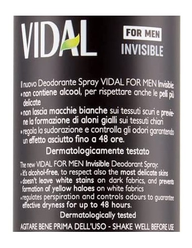 vidal deodorante spray - 150ml - for men invisible 48h 0% alcool no macchie: tuttocasashop.live: igiene e cura della persona