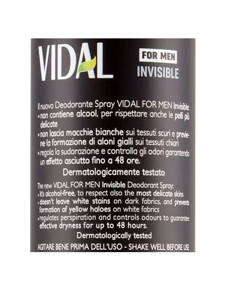 vidal deodorante spray - 150ml - for men invisible 48h 0% alcool no macchie: tuttocasashop.live: igiene e cura della persona