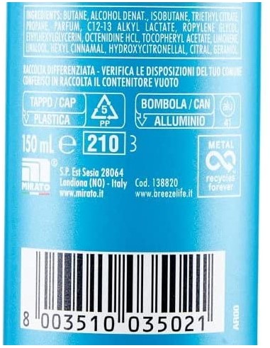 breeze deodorante spray - 150ml - blue - neroli e bergamotto - zero macchie: tuttocasashop.live: igiene e cura della persona