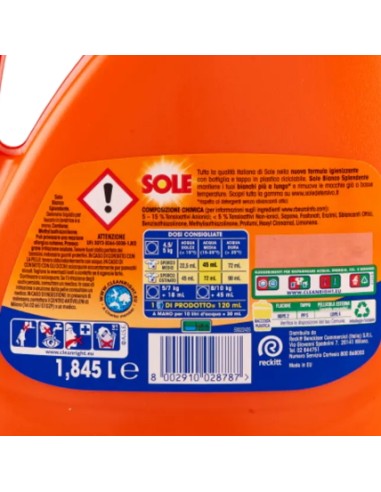 sole detersivo lavatrice liquido - 41 lavaggi 1845ml - bianco splendente: tuttocasashop.live: prodotti per bucato e tessuti