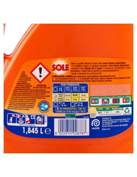 sole detersivo lavatrice liquido - 41 lavaggi 1845ml - bianco splendente: tuttocasashop.live: prodotti per bucato e tessuti