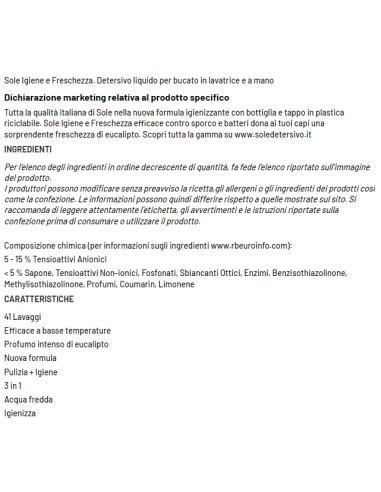 sole detersivo lavatrice liquido - 41 lavaggi 1845ml - igiene e freschezza: tuttocasashop.live: prodotti per bucato e tessuti