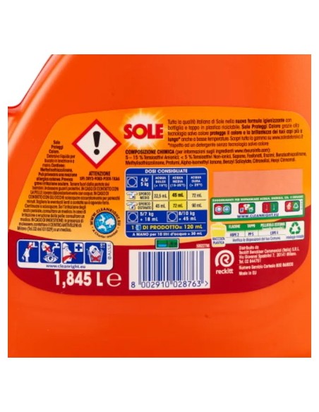 sole detersivo lavatrice liquido - 41 lavaggi 1845ml - proteggi colore: tuttocasashop.live: prodotti per bucato e tessuti