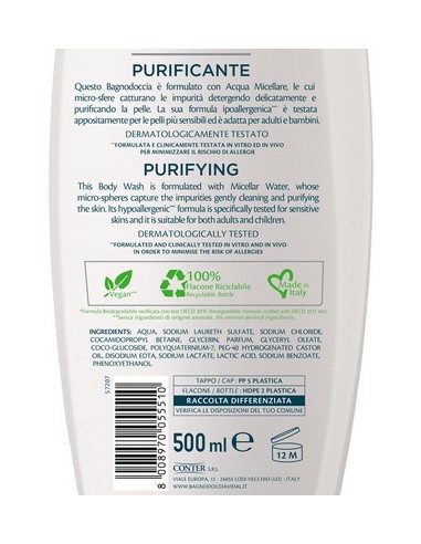 vidal bagnodoccia 500ml - purificante - hydra pure - acqua micellare: tuttocasashop.live: igiene e cura della persona