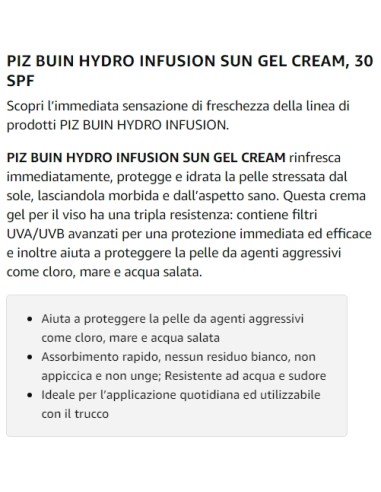 piz buin hydro infusion sun gel cream 150ml spf30 rinfresca protegge idrata: tuttocasashop.live: igiene e cura della persona