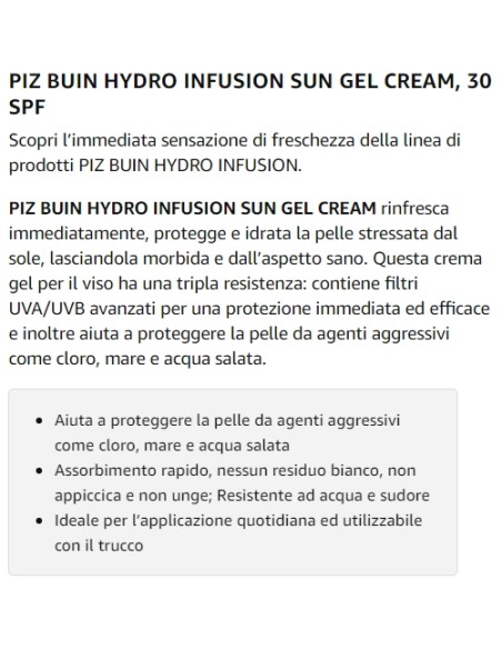 piz buin hydro infusion sun gel cream 150ml spf30 rinfresca protegge idrata: tuttocasashop.live: igiene e cura della persona