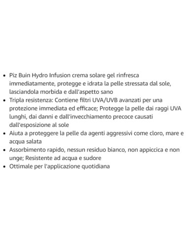 piz buin hydro infusion sun gel cream 150ml spf50 rinfresca protegge idrata: tuttocasashop.live: igiene e cura della persona