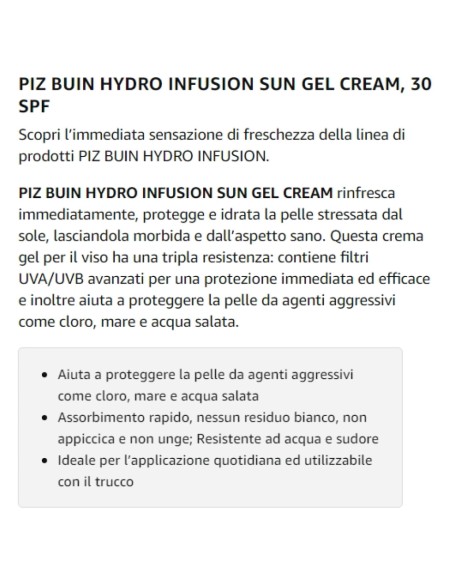 piz buin hydro infusion sun gel cream 150ml spf50 rinfresca protegge idrata: tuttocasashop.live: igiene e cura della persona