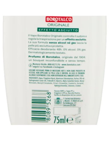 borotalco deodorante vapo no-gas 75ml - original 48h - effetto asciutto: tuttocasashop.live: igiene e cura della persona
