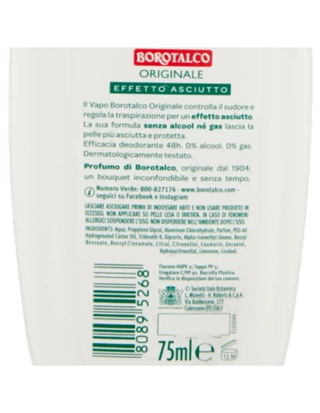 borotalco deodorante vapo no-gas 75ml - original 48h - effetto asciutto: tuttocasashop.live: igiene e cura della persona