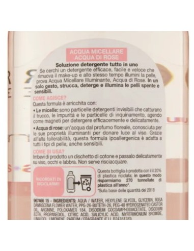 garnier skin active acqua micellare - 400ml - illuminante- acqua di rose: tuttocasashop.live: igiene e cura della persona