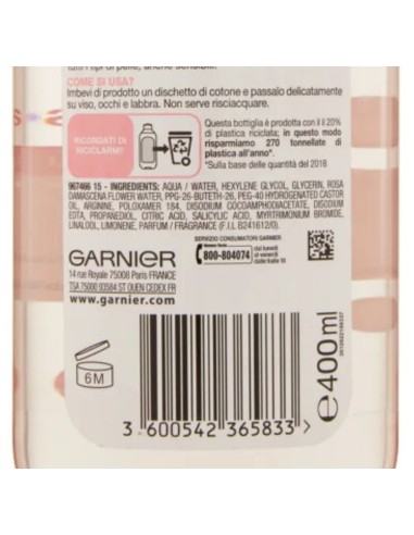 garnier skin active acqua micellare - 400ml - illuminante- acqua di rose: tuttocasashop.live: igiene e cura della persona