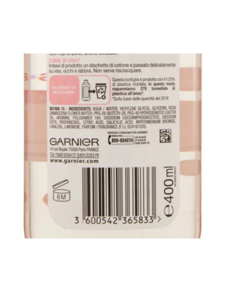 garnier skin active acqua micellare - 400ml - illuminante- acqua di rose: tuttocasashop.live: igiene e cura della persona