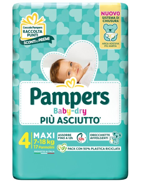 pampers pannolini baby-dry - taglia 4 maxi 7-18kg - 17 pezzi: tuttocasashop.live: igiene e cura della persona