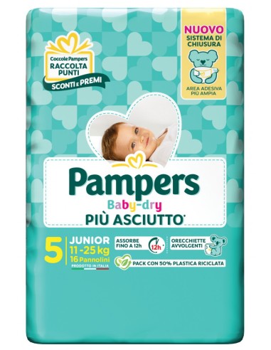 pampers pannolini baby-dry - taglia 5 junior 11-25kg - 16 pezzi: tuttocasashop.live: igiene e cura della persona