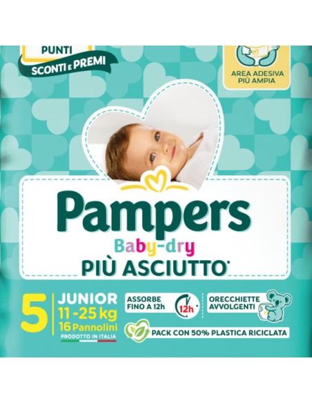 pampers pannolini baby-dry - taglia 5 junior 11-25kg - 16 pezzi: tuttocasashop.live: igiene e cura della persona
