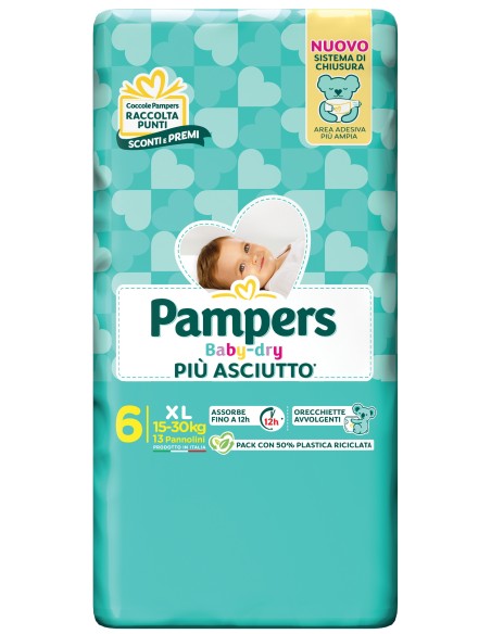 pampers pannolini baby-dry - taglia 6 extra large xl 15-30kg - 13 pezzi: tuttocasashop.live: igiene e cura della persona